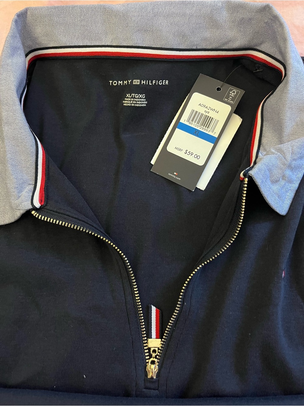 Tommy Hilfiger Navy Half-Zip Pullover with Light Blue Collar and Red-White Trim